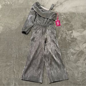 NWT Justice Silver Metallic One Shoulder Ruffle Jumpsuit Girls Size XS 5/6 Fancy